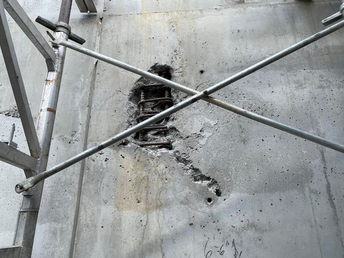 A section of exposed rebar